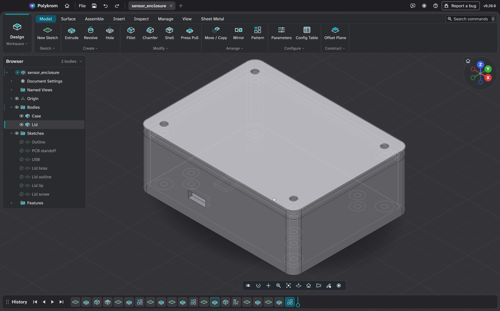 Polykrom with a sensor enclosure open: the design browser on the left, the model in the viewport, the timeline below.